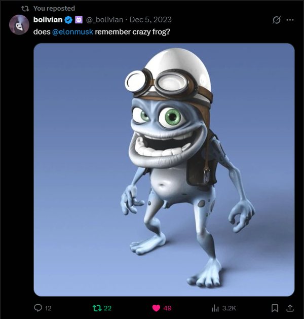Tweet from bolivian asking does elon musk remember crazy frog