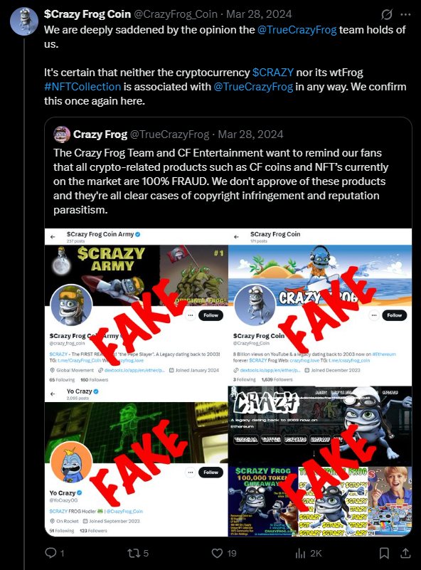 The original Crazy Frog rights holder calling out unofficial coins with FAKE stamps